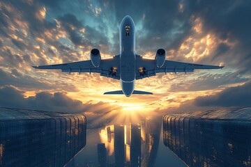 Aufkleber - Majestic Airplane Flying Over Cityscape at Sunset with Dramatic Sky and Modern Skyscrapers : Generative AI