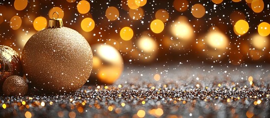 Poster - Golden Christmas Baubles with Glittery Background and Snowfall Effect : Generative AI