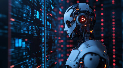 Leinwandbilder - futuristic robot with glowing red lights stands in digital environment, symbolizing integration of AI in technology. scene is filled with data streams and sense of innovation