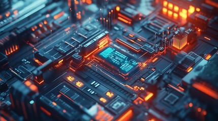 Leinwandbilder - futuristic circuit board with glowing orange and blue lights, representing advanced technology and digital transformation. intricate design highlights complexity of modern electronics