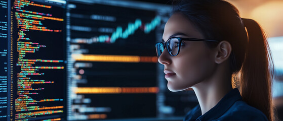 Aufkleber - focused female programmer in glasses is surrounded by computer screens displaying colorful code and data charts, highlighting her concentration and expertise in modern tech environment
