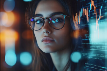Aufkleber - focused female programmer in glasses surrounded by code and data visualizations, reflecting determination and concentration in tech environment
