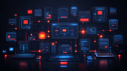 Poster - futuristic digital interface with interconnected screens and devices, showcasing network of data and technology. vibrant neon colors highlight complexity and innovation of modern systems