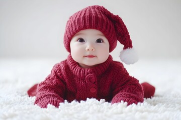 A sweet baby in a cozy red outfit rests on a soft, white surface, exuding warmth and innocence, perfect for winter-themed content.