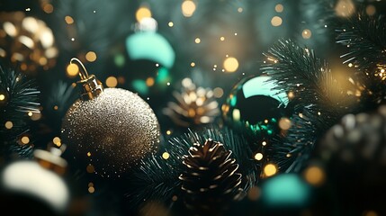 Poster - Festive Elegance of Golden Christmas Ornaments with Midnight Greenery : Generative AI