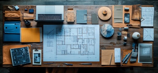 Poster - Overhead view of a messy wooden desk with a laptop, architectural plans, and various office supplies.