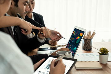Poster - Financial data analysis dashboard by Fintech BI or business intelligence display on laptop and tablet to in-depth financial data analysis by business people planning on marketing. Habiliment