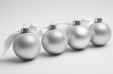 Four silver ornaments with white ribbon sit on a white surface. The ornaments are round and shiny