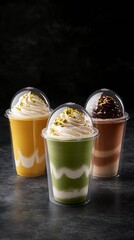 Aufkleber - Delicious Trio of Milkshakes with Whipped Cream and Toppings in Plastic Cups : Generative AI