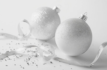 Two silver Christmas ornaments rest on a white surface surrounded by silver glitter and ribbon