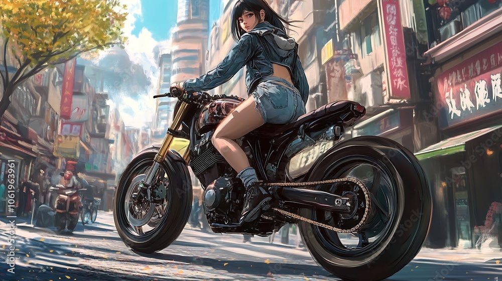 Motorcycle Riding Animation Motorcycle-riding animated woman through lively city street setting ...