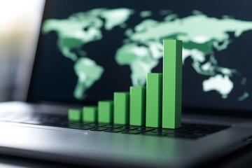 Poster - Global Economic Growth Data Trends with Digital Green Bar Graph on Laptop with World Map : Generative AI