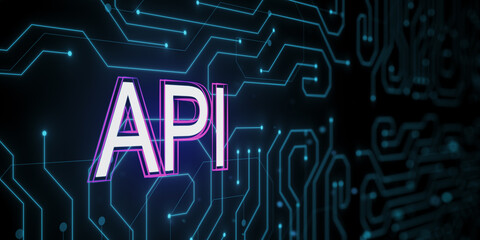 Poster - API text on digital circuit board background with neon blue lines. 3D Rendering