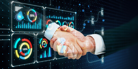 Aufkleber - Handshake with digital financial charts on a futuristic interface background.