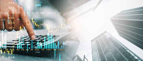 Aufkleber - Businessman's hand on calculator with financial charts and skyscrapers in background.