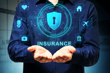 Poster - Digital insurance protection concept with virtual icons and hands.