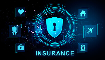 Poster - Insurance protection symbol in a digital interface with various icons depicting services and safety. 3D Rendering