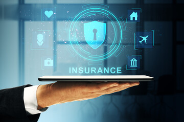 Poster - Digital insurance protection symbol on tablet screen with holographic icons and technology background.