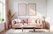© Margarita Serenko - The cozy living room features a stylish pink couch complemented with a charming coffee table, creating a warm and inviting atmosphere