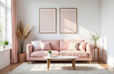 the cozy living room features a stylish pink couch complemented with a charming coffee table, creati