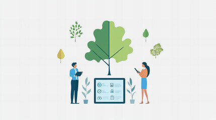 illustration of two people using technology for environmental monitoring with a central tree symbol,