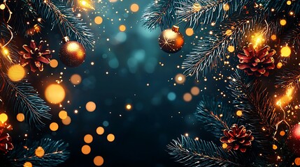 Aufkleber - Bright Holiday Celebration with Baubles and Pine Cones on a Glittering Evergreen Backdrop : Generative AI