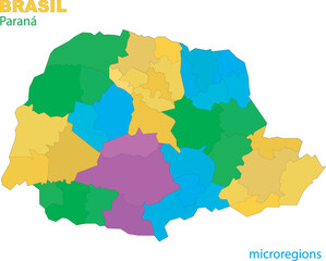  Map of the territory of the state of Parana with divisions by highlighted microregions, vector with simple lines of political divisions