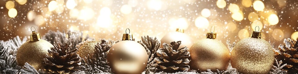 Aufkleber - Golden Christmas Baubles and Pine Cones on Snowy Background with Bokeh Lights for Festive Holiday Decor : Generative AI