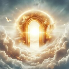 Wall Mural - ethereal shiny golden heaven gates or door in the heaven sky, surrounded by white clouds, entrance i
