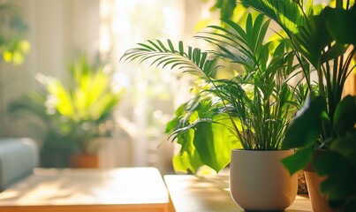 Poster - Sunlight streams through a window, illuminating a potted plant on a table with other plants in the background.