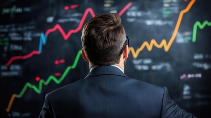 executive reviewing market risks, calm demeanor, strategy graphs, business mindset strategy risktaki