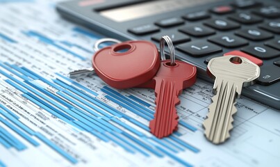 Aufkleber - Three keys with a calculator on a financial report.