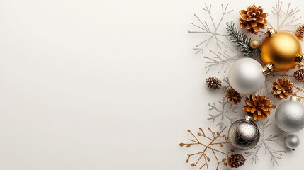 Poster - Festive Arrangement of Silver Gold Baubles with Pinecones and Branches : Generative AI