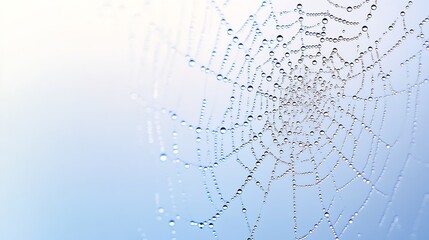 Poster - Exquisite Dew on Spider Web Forming Symmetrical Design Against Pale Blue Backdrop : Generative AI