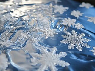 Snowflakes on blue water surface