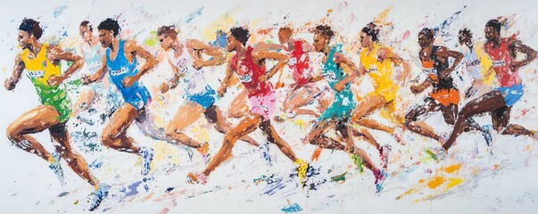 A dynamic painting of athletes running in a race, capturing the energy and motion of a sprint.