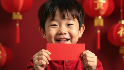 Smiling Asian boy holding a red envelope, celebrating Lunar New Year with joy and excitement, with traditional red lanterns in the background symbolizing good fortune and prosperity