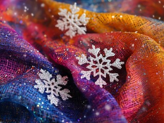 Colorful fabric with snowflakes decoration.