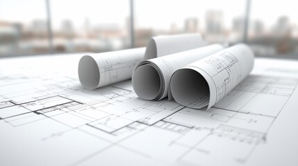 Poster - Three rolled-up blueprints on a table with a cityscape view through a window.