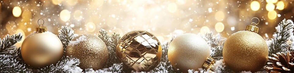 Aufkleber - Elegant Christmas Ornaments and Pine Cones in Snow with Gold Bokeh for Seasonal Celebration Decor : Generative AI