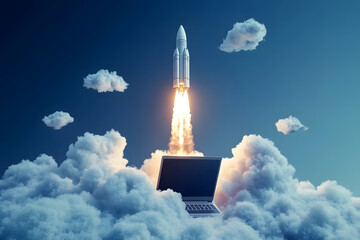 Rocket launching from a laptop screen surrounded by clouds, set against a blue background, concept of innovation.