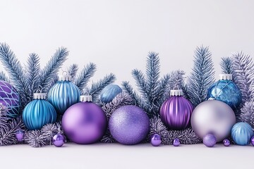Poster - Vibrant Purple and Blue Christmas Ornaments with Frosted Pine Background : Generative AI