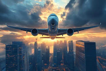 Poster - Commercial Airplane Soaring Over Urban Skyline During Sunset with Spectacular Clouds and Buildings : Generative AI