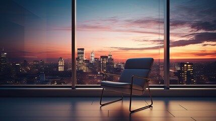 Wall Mural - A sleek, minimalistic chair in a state-of-the-art hospital, placed in front of a large window overlooking a cityscape at dusk