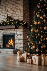 Aufkleber - Elegant Gold Themed Christmas Tree with Presents and Cozy Fireplace on Wooden Floor : Generative AI