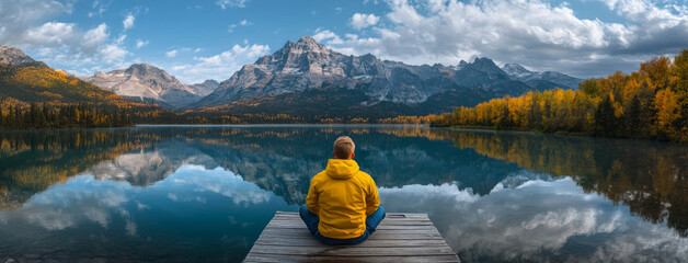 young man wearing yellow jacket sitting on a wooden dock contemplating a lake in the alpine mountain