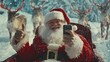 © Natsumae - Santa Claus, thumbs up, texting on his smartphone mid-flight with reindeer in snowy wonderland. Merry Christmas!