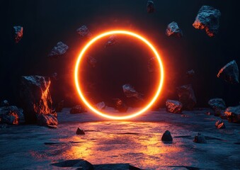 Poster - Futuristic background. abstract background with neon light and glowing elements in a dark space, a round portal to another world, a fantasy scene with rocks, an empty stage for product presentation