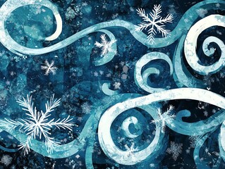 Swirling snowflakes on dark blue background