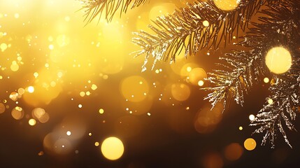 Poster - Festive Gold Bokeh with Snowy Evergreen Christmas Tree Branches Celebrating Holiday Season : Generative AI